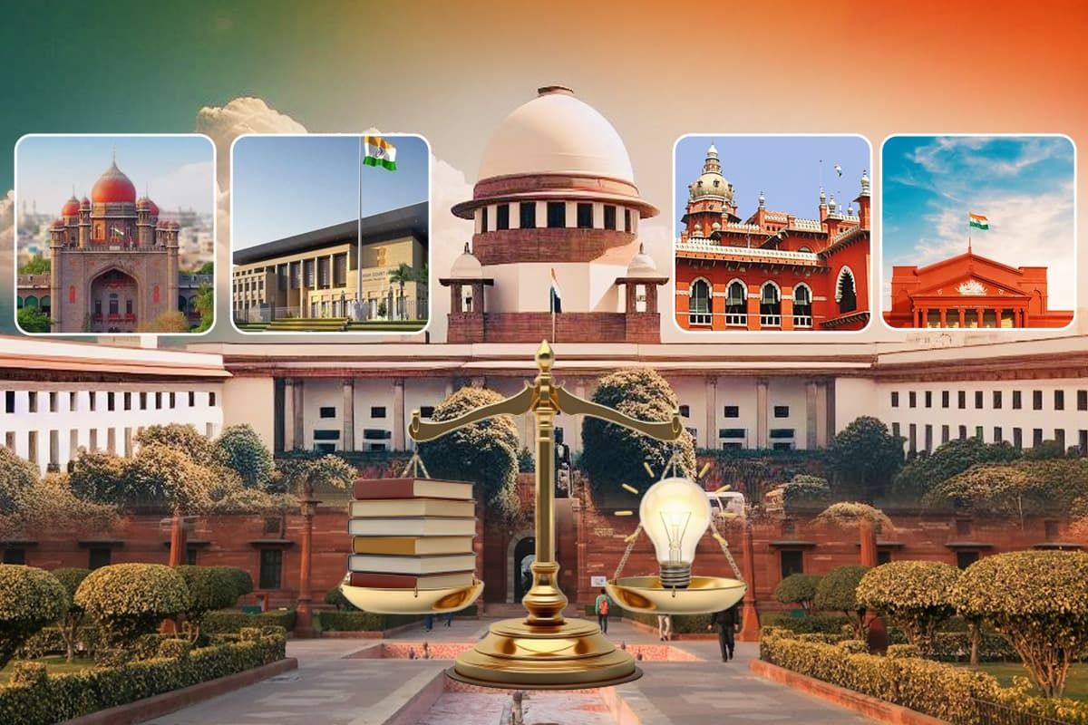 Supreme Court and High Courts of India with scales of justice — representative legal imagery for Justice Home, Hyderabad